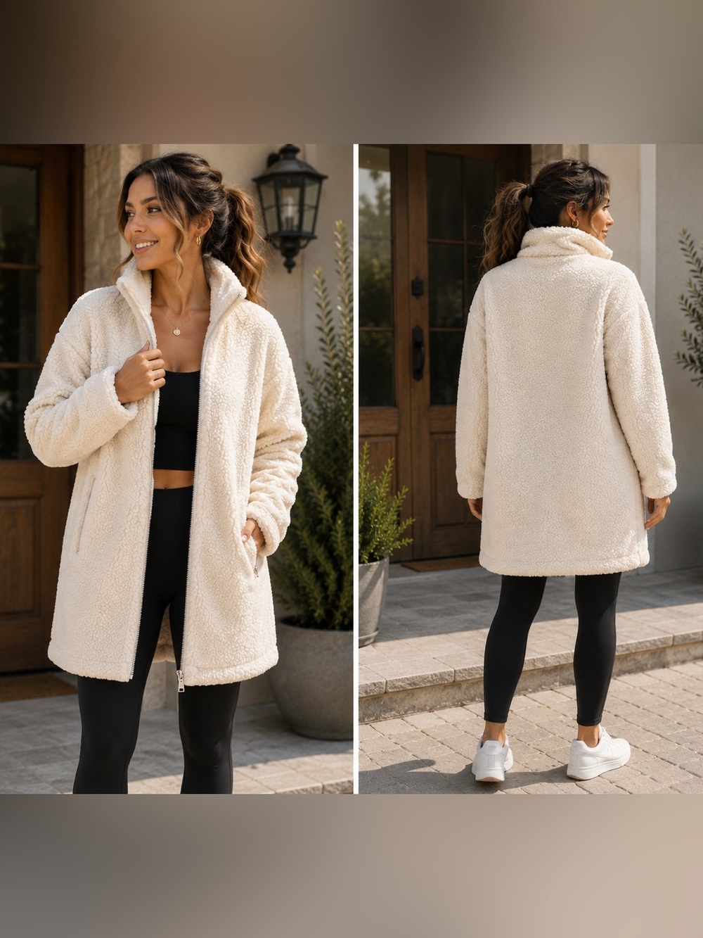 LOFT Cream Sherpa Teddy Coat with Zip Pockets